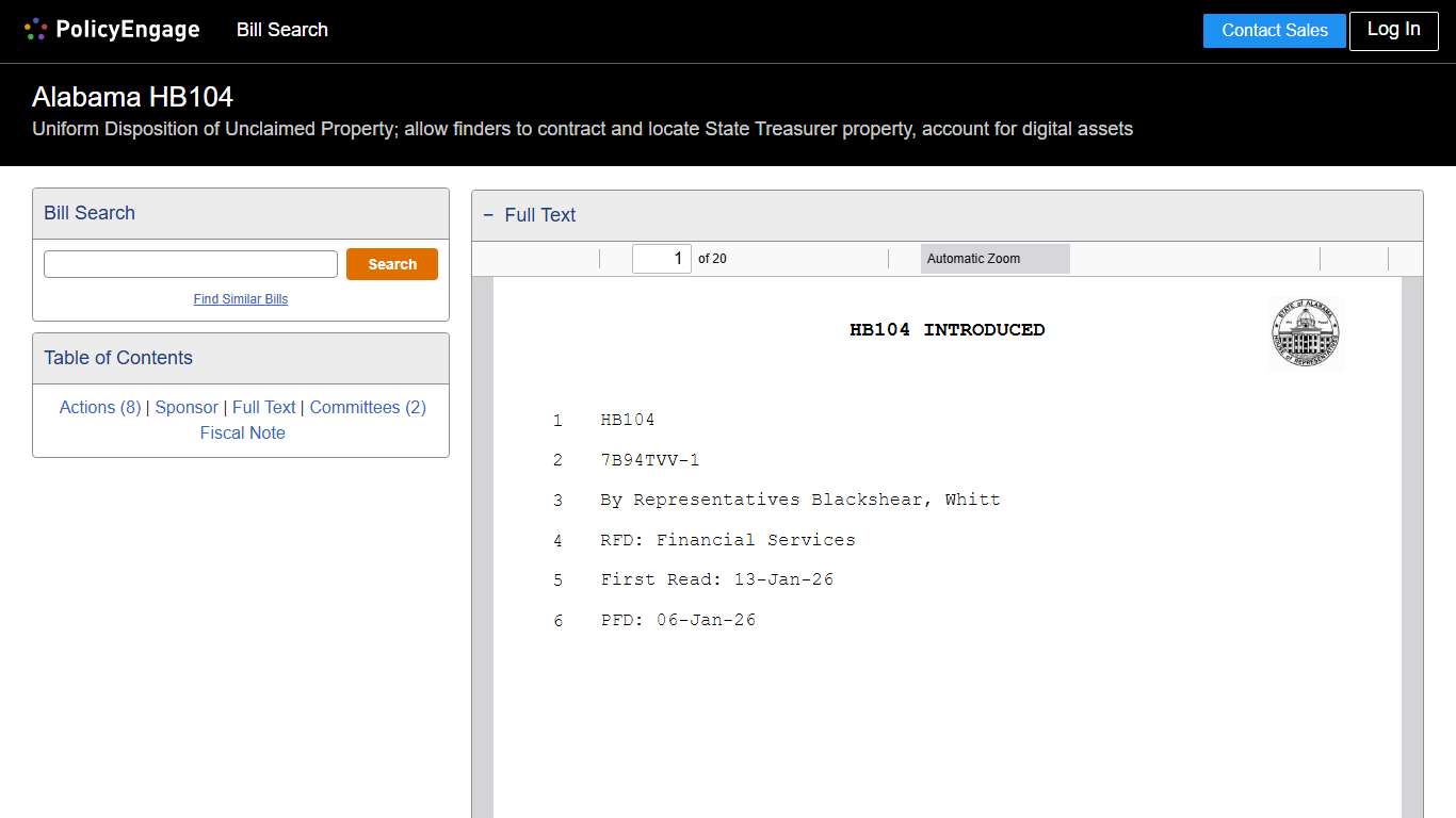 HB104 Alabama 2026 Uniform Disposition of Unclaimed Property; allow finders to contract and locate State Treasurer property, account for digital assets - Legislative Tracking PolicyEngage