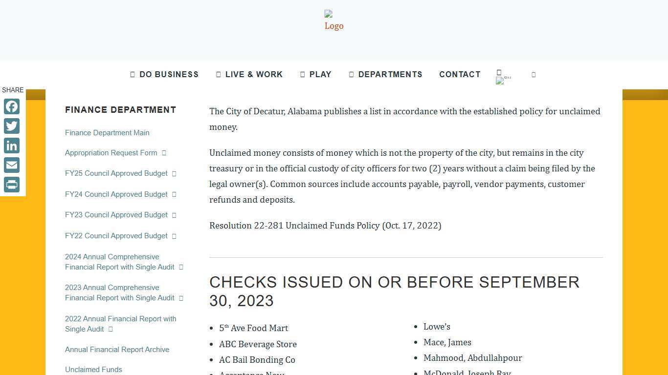 City of Decatur Unclaimed Funds - City of Decatur, Alabama
